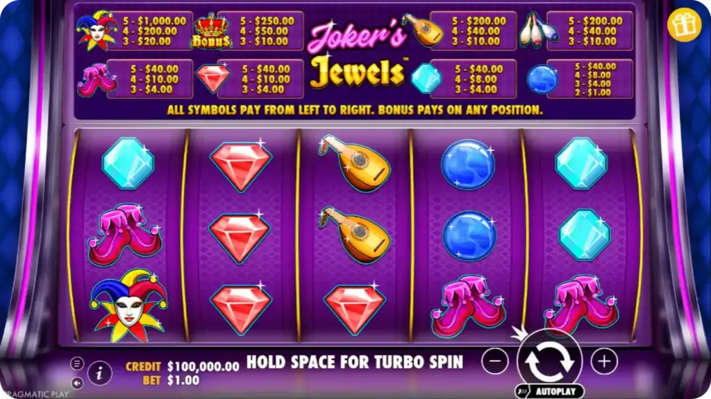 Jokers Jewels slot gameplay showing reels and winning combinations
