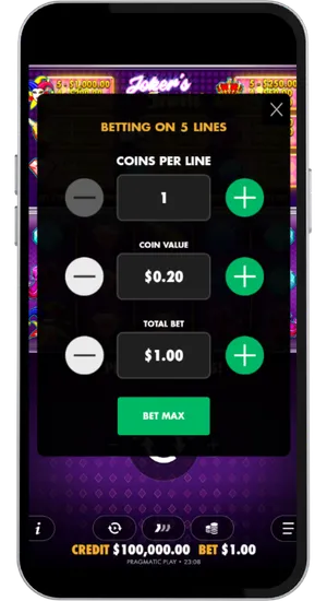 Jokers Jewels bet panel below the 5-reel grid with the stake input set to £0.05 and the maximum value of £100 visible