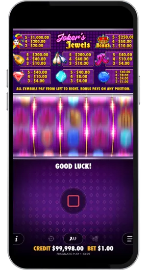Jokers Jewels reels in motion after pressing Spin with gem symbols aligning across multiple paylines on the 5x3 grid