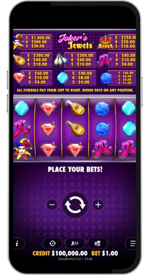 Casino game lobby with Pragmatic Play provider filter active and the Jokers Jewels tile highlighted in the slots section