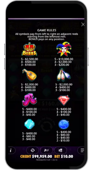 Jokers Jewels game rules overlay listing all symbol payouts from the Bonus crown down to the blue orb