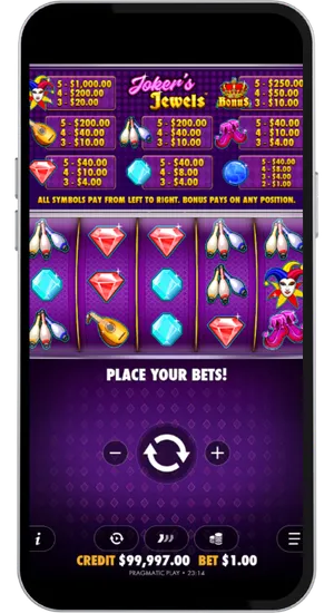 Jokers Jewels spin result with juggling pin symbols appearing prominently across multiple reels