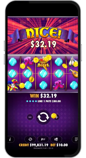 Jokers Jewels celebration screen displaying a Nice win banner with the Bonus crown symbol and gold coins on the reels