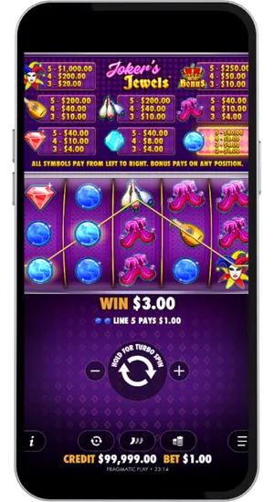 Jokers Jewels win screen highlighting line five payout with blue orb symbols aligned on the payline